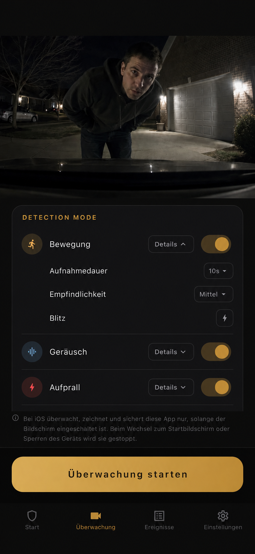 BlackShisa - Parking Dashcam Detailansicht der Überwachung mit Erkennungseinstellungen und Kamerablick auf ein geparktes Auto