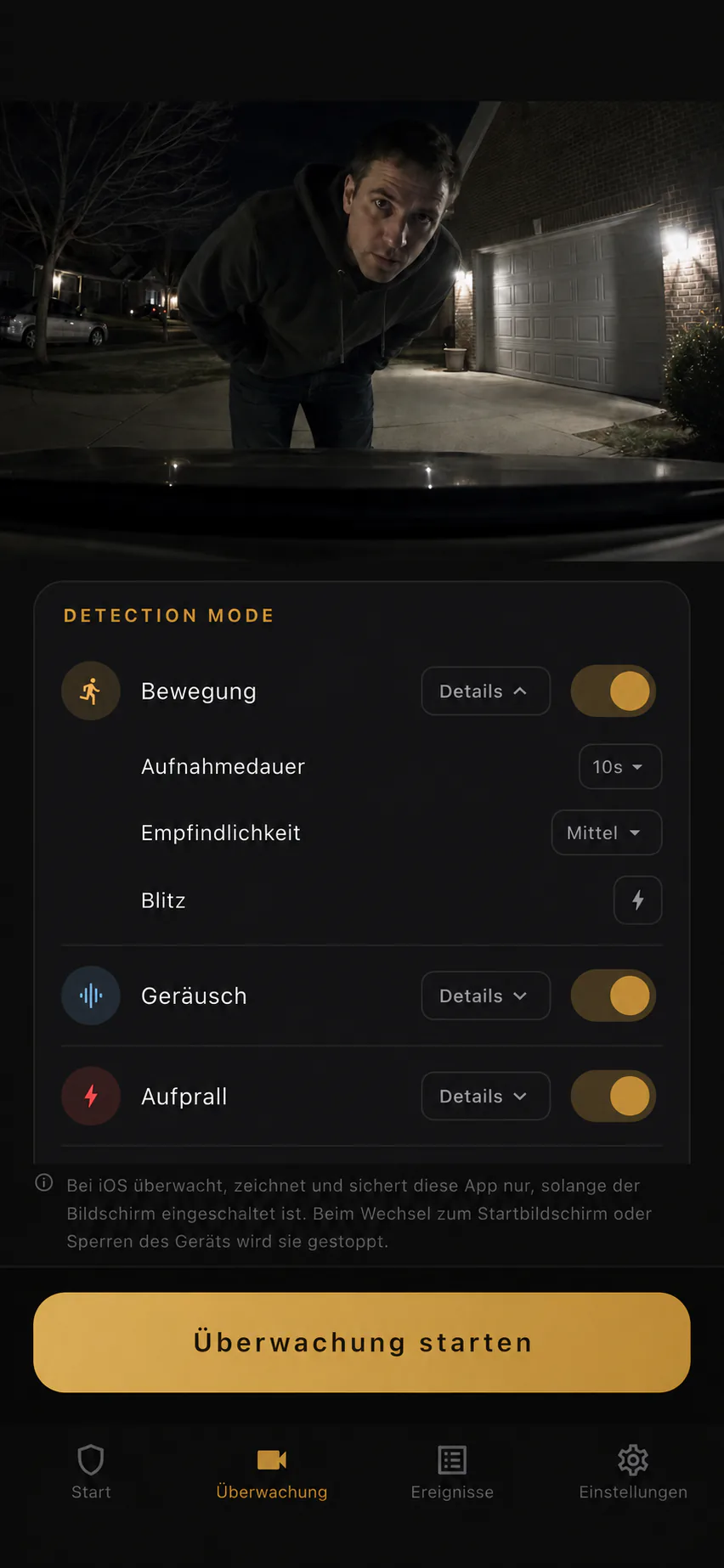 BlackShisa - Parking Dashcam App Detailansicht der Überwachung mit Erkennungseinstellungen und Kamerablick auf ein geparktes Auto