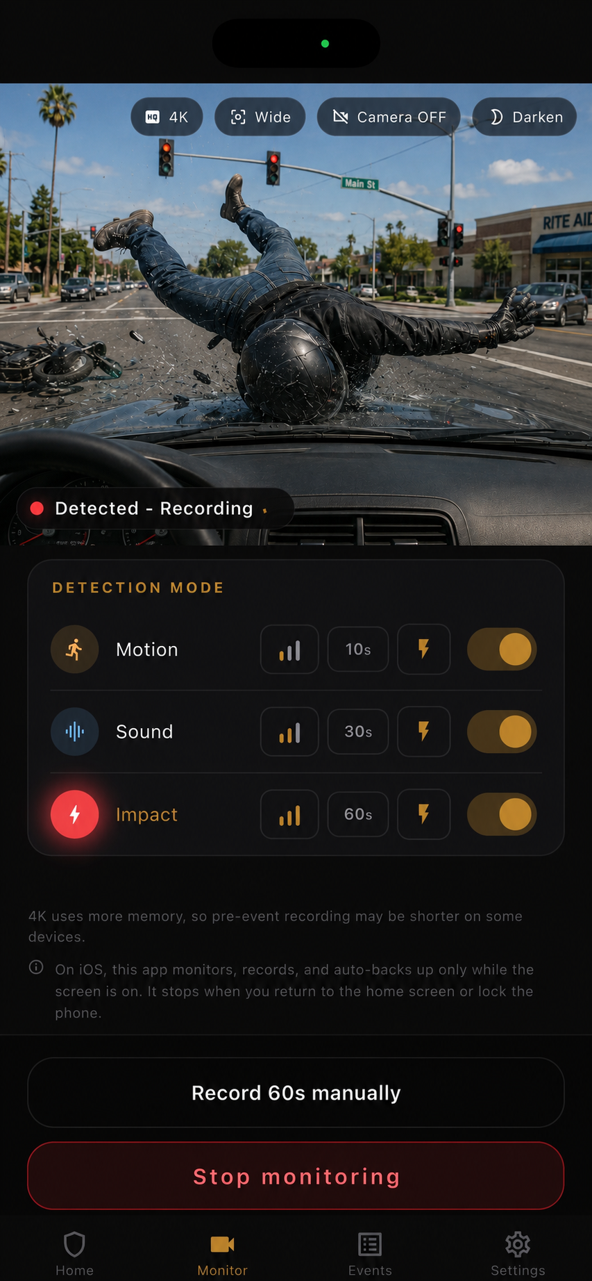 BlackShisa - Parking Dashcam monitoring details screen with detection settings and a parked-car camera view