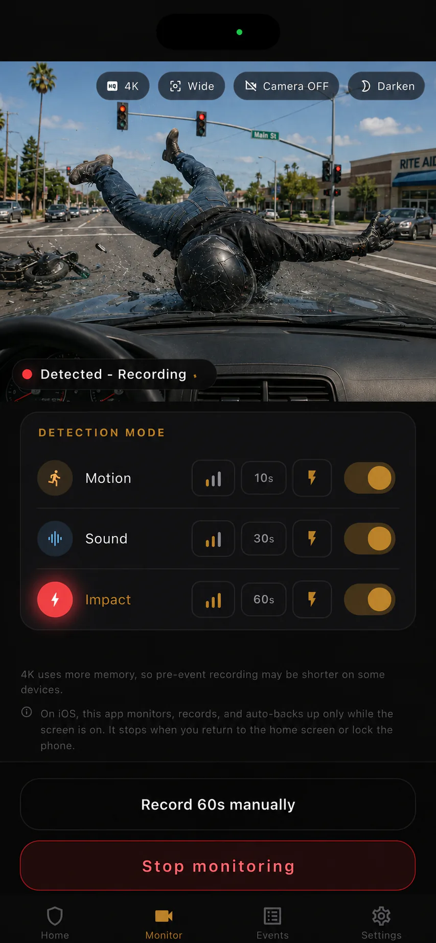 BlackShisa - Parking Dashcam App monitoring details screen with detection settings and a parked-car camera view