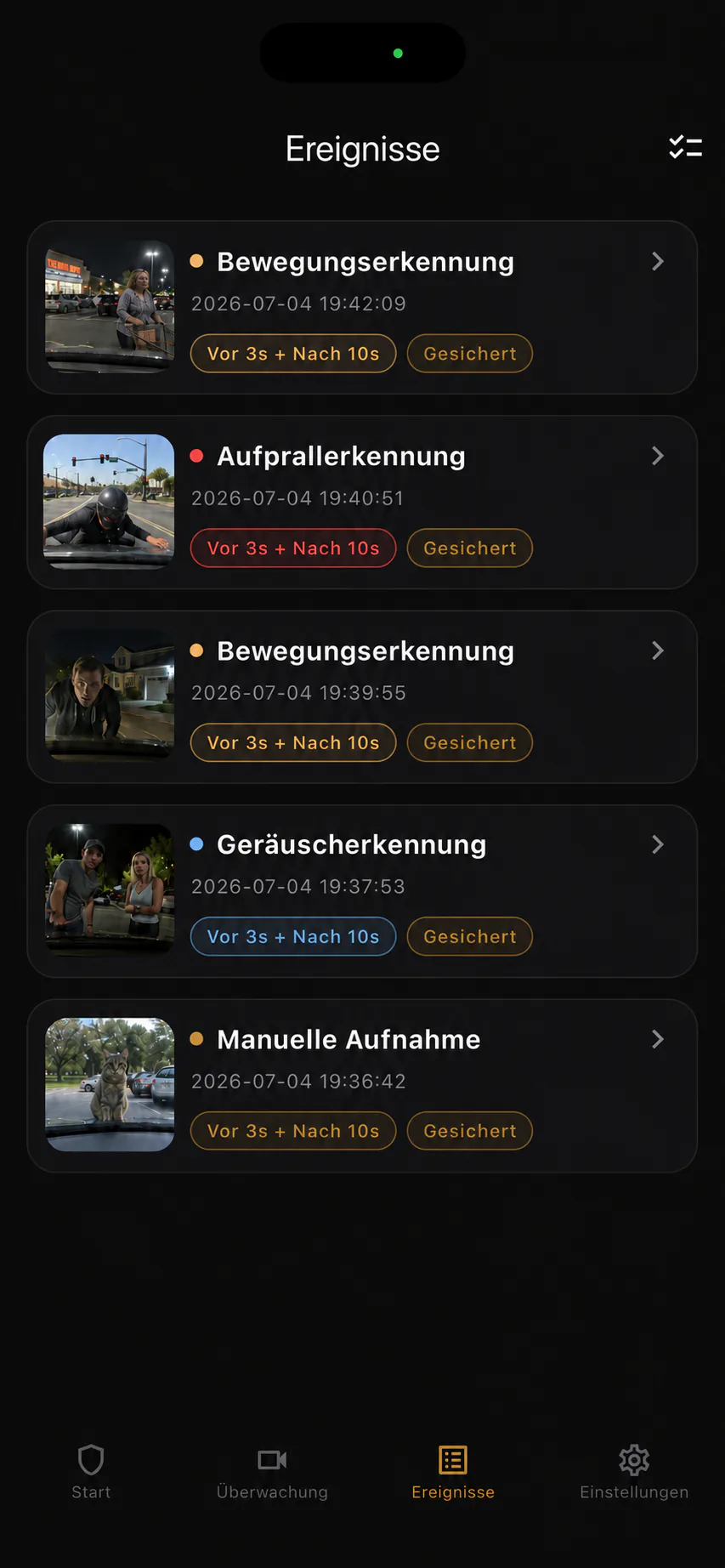 BlackShisa - Parking Dashcam App Ereignisliste