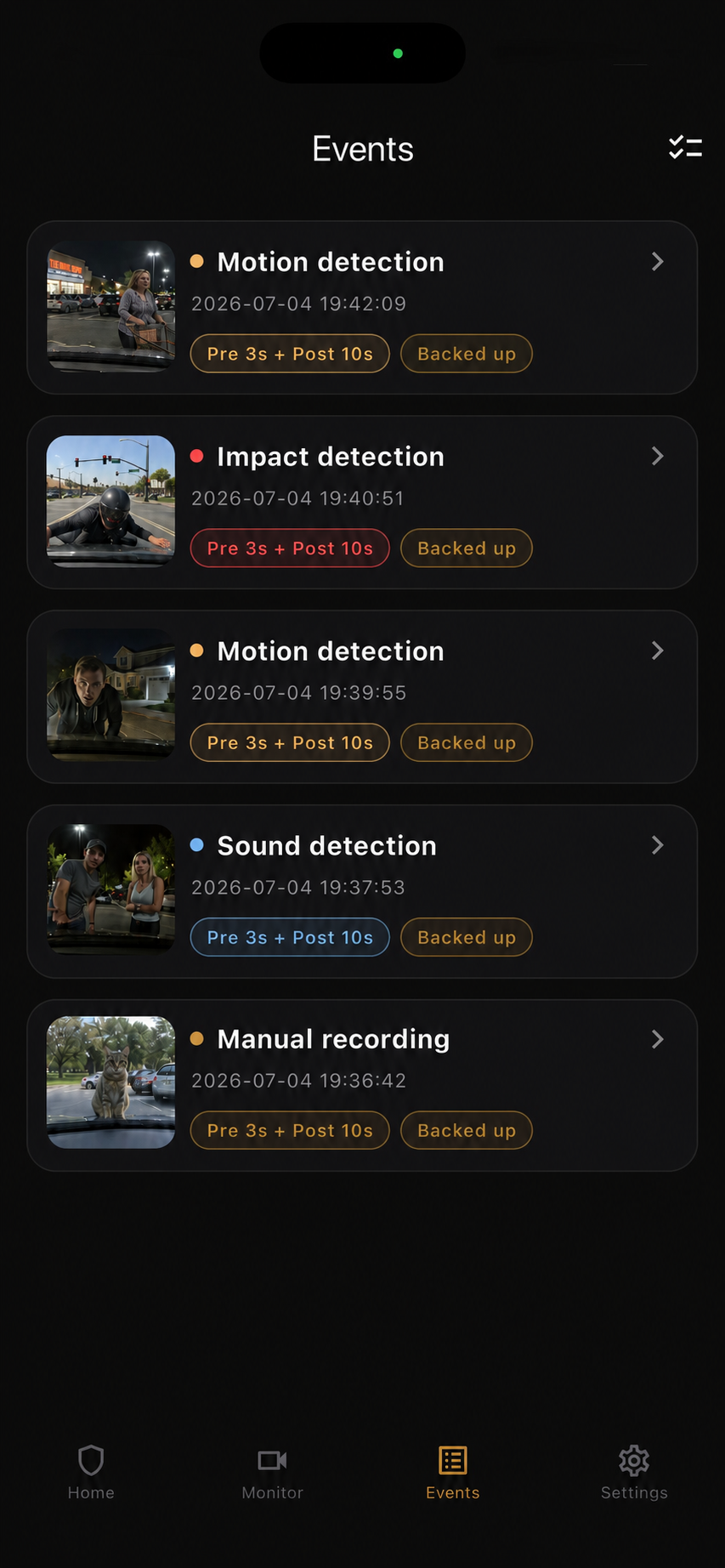 BlackShisa - Parking Dashcam event list screen