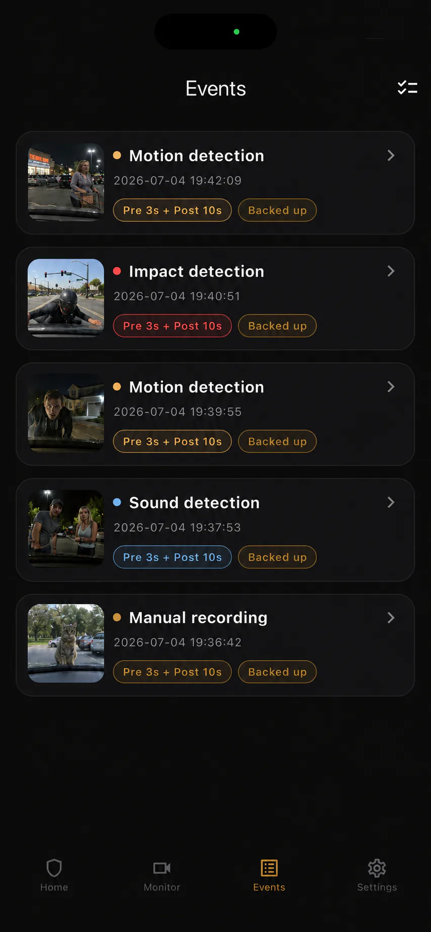 BlackShisa - Parking Dashcam App event list screen