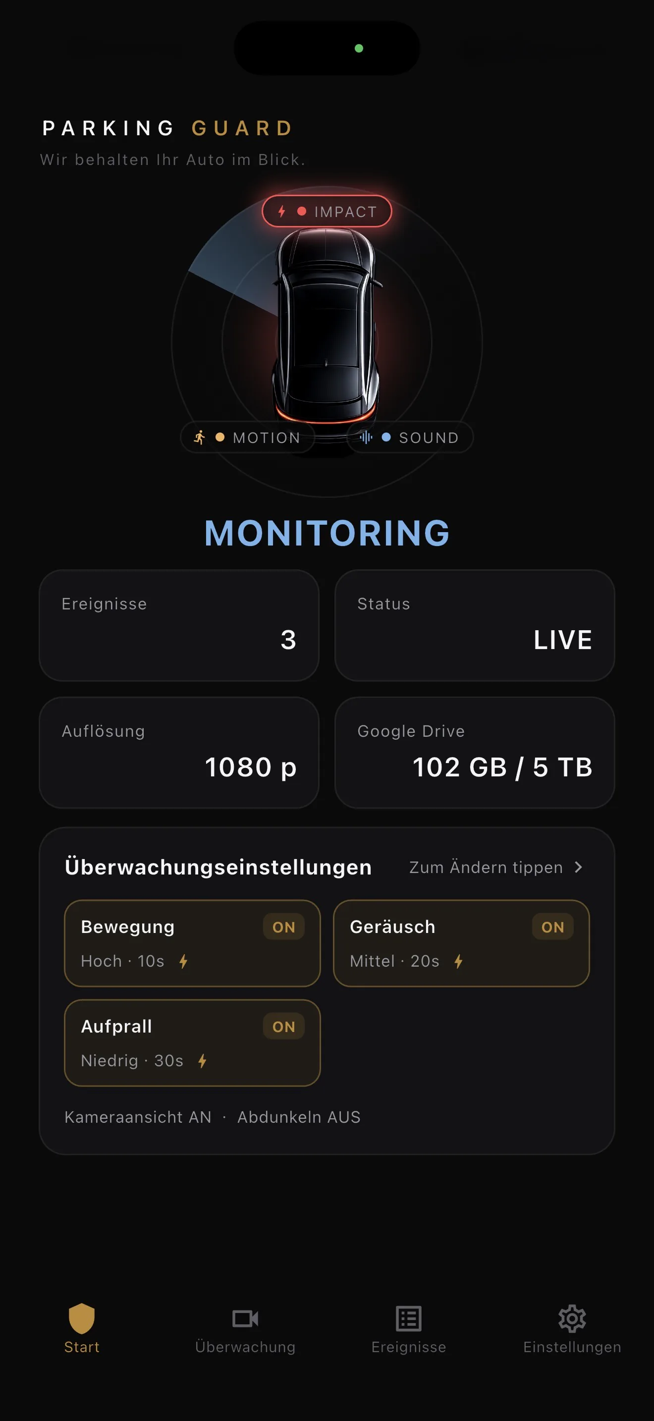 BlackShisa - Parking Dashcam App Startbildschirm