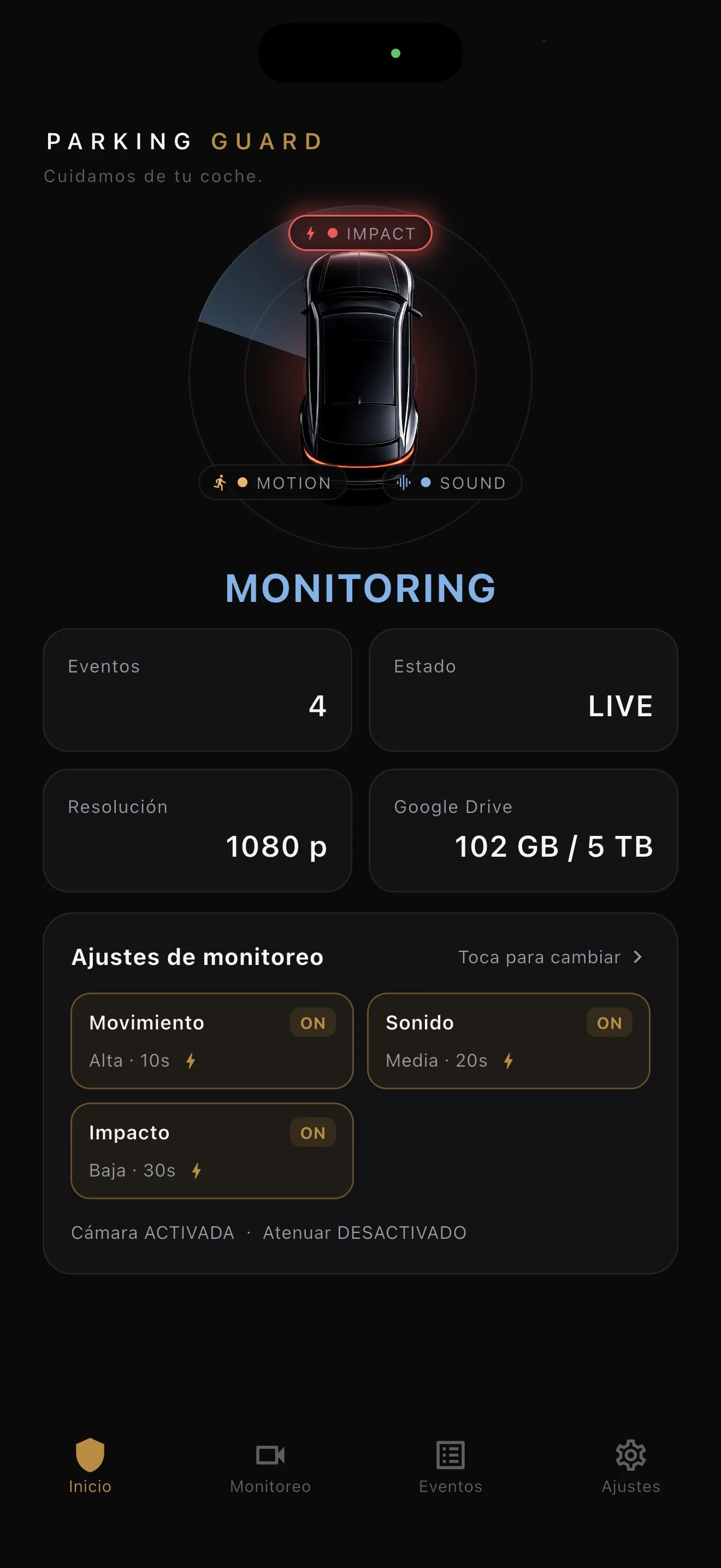 Pantalla de inicio de BlackShisa - Parking Dashcam App