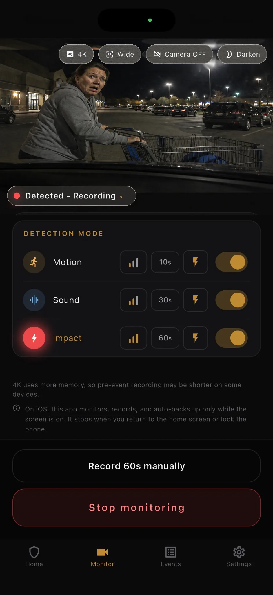 BlackShisa - Parking Dashcam App recording a parking lot contact event through a car window