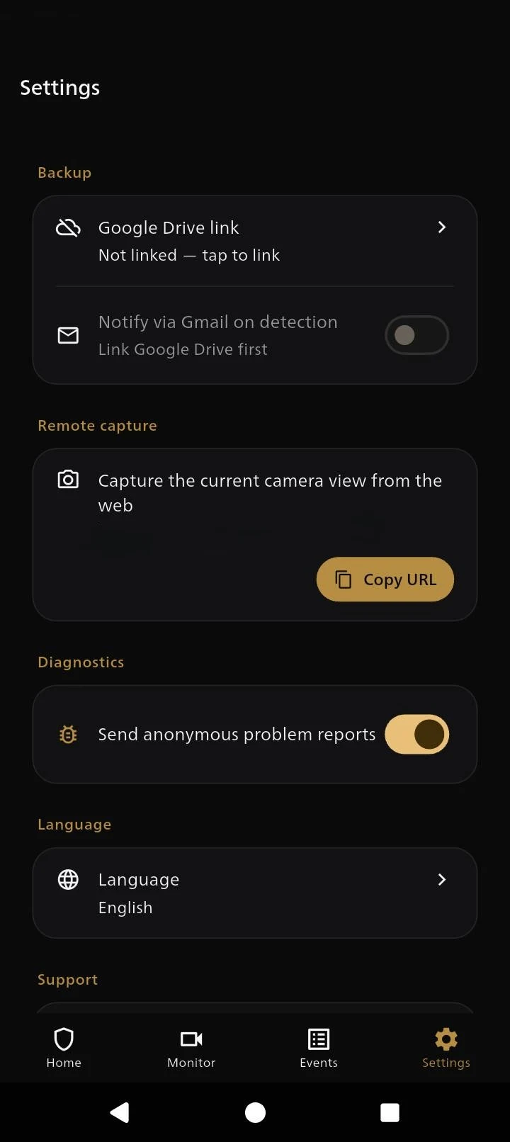 Copy URL button for remote capture in the app settings