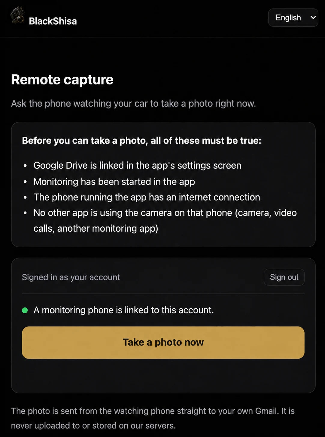 Take a photo now button on the remote capture web page