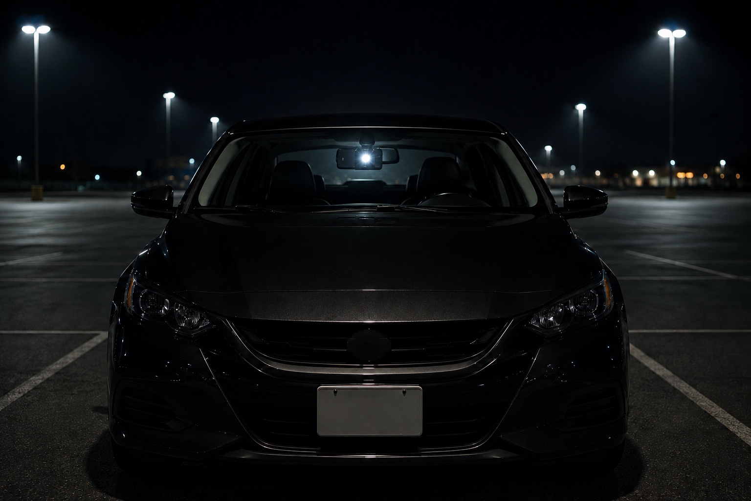 A spare smartphone mounted inside a parked car with its flashlight blinking