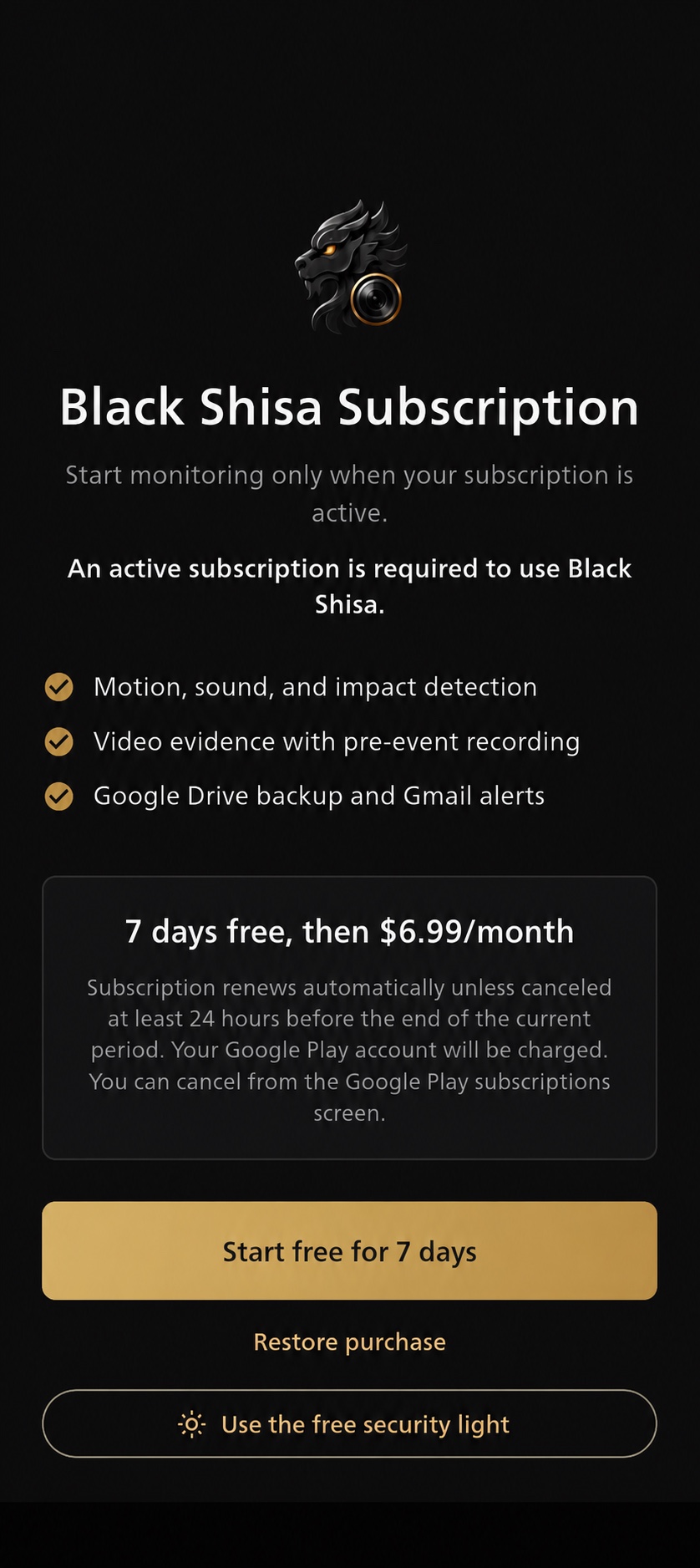 BlackShisa - Parking Dashcam App subscription screen showing $6.99 per month and the option to use the free Security Light