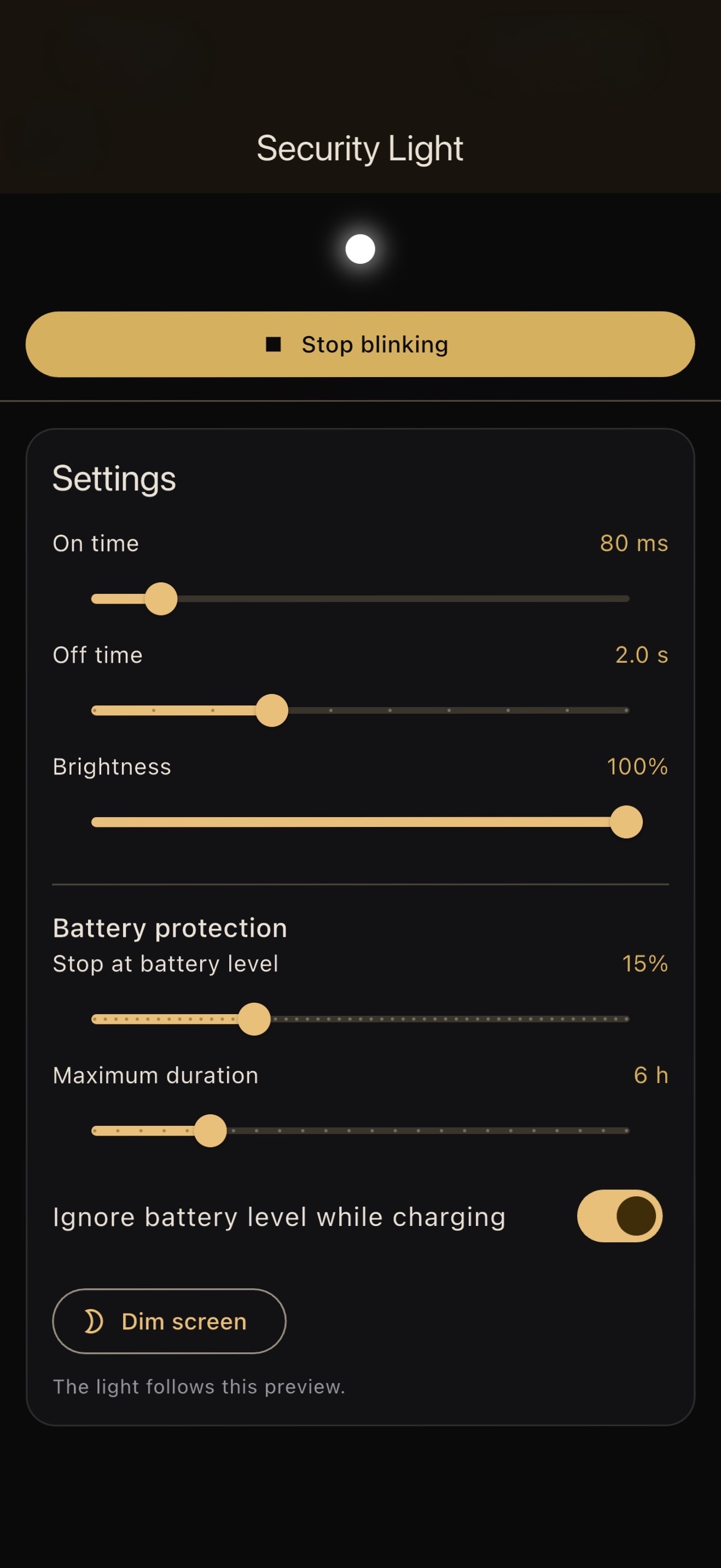 Security Light settings in BlackShisa - Parking Dashcam App, including blink timing, brightness, battery protection, maximum duration, and screen dimming