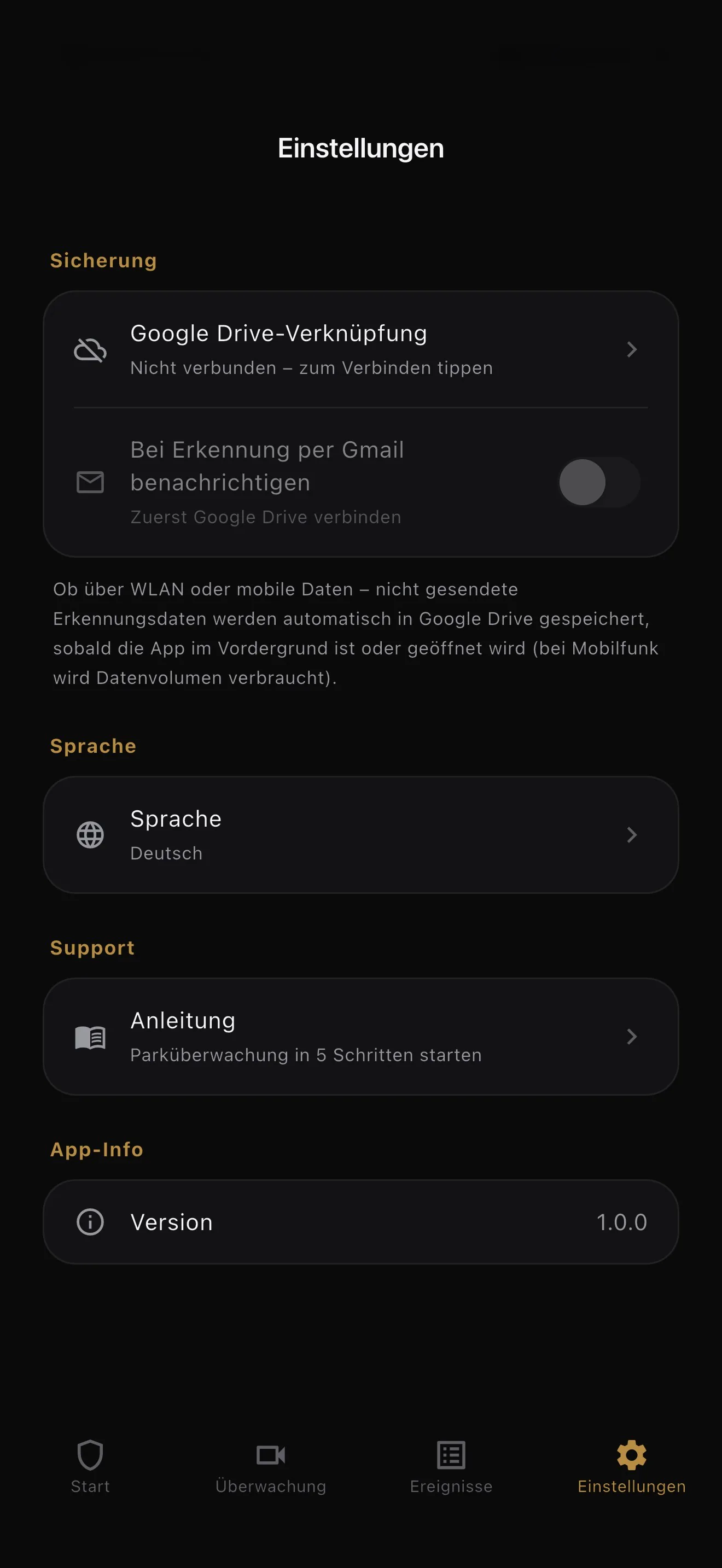 BlackShisa - Parking Dashcam App Einstellungsbildschirm
