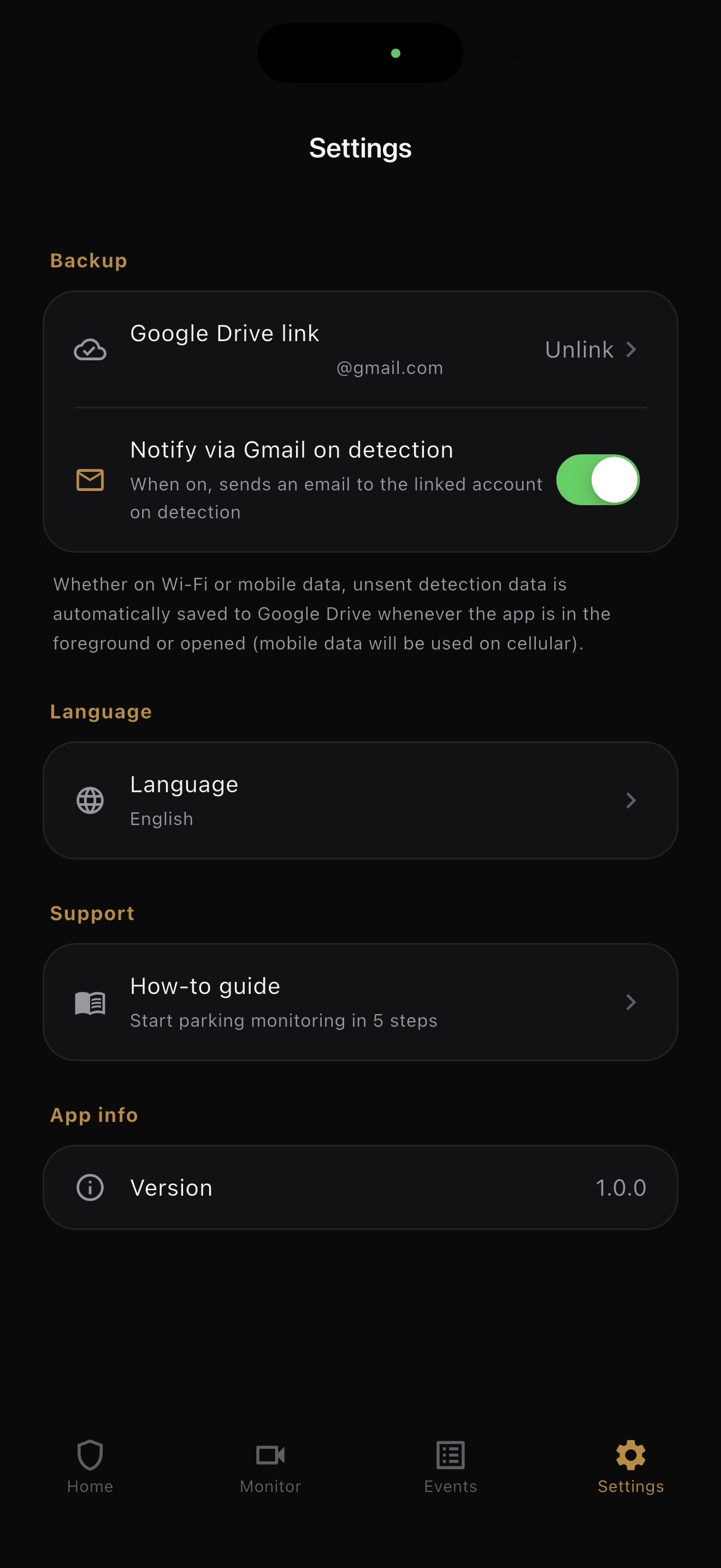 BlackShisa - Parking Dashcam settings screen