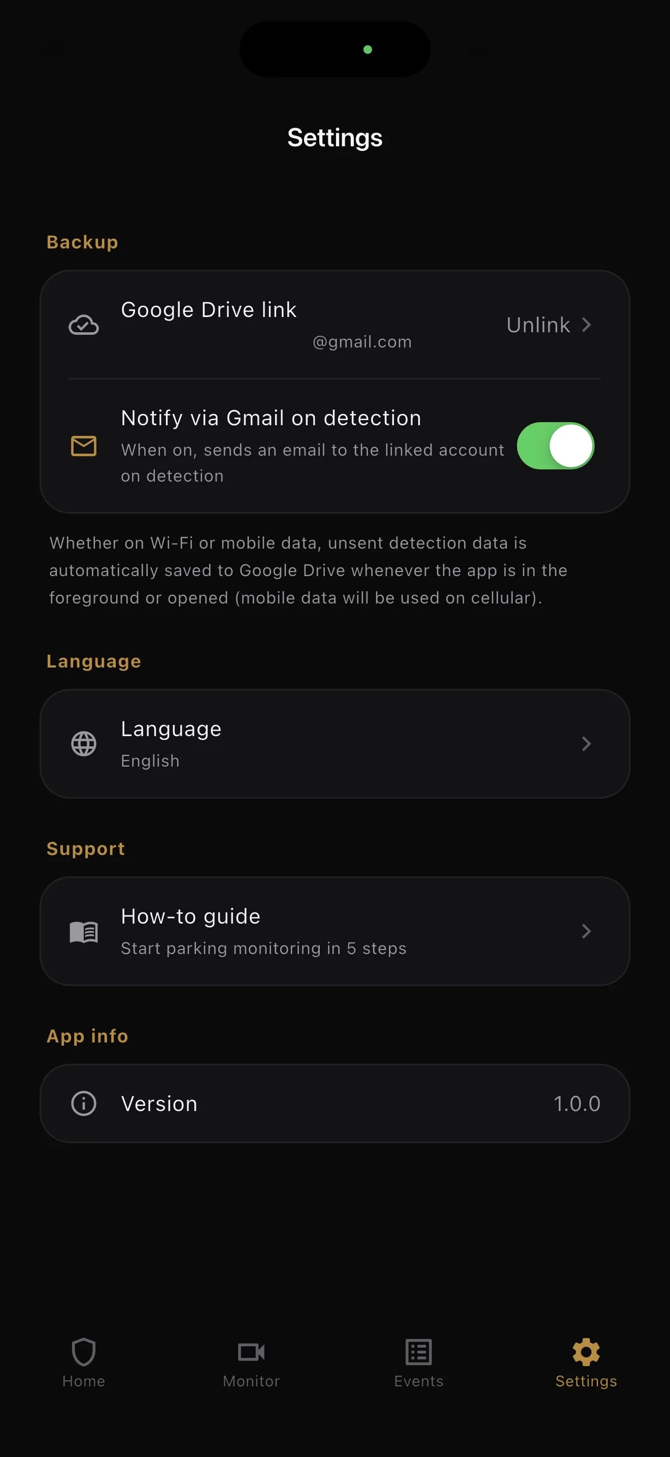 BlackShisa - Parking Dashcam App settings screen