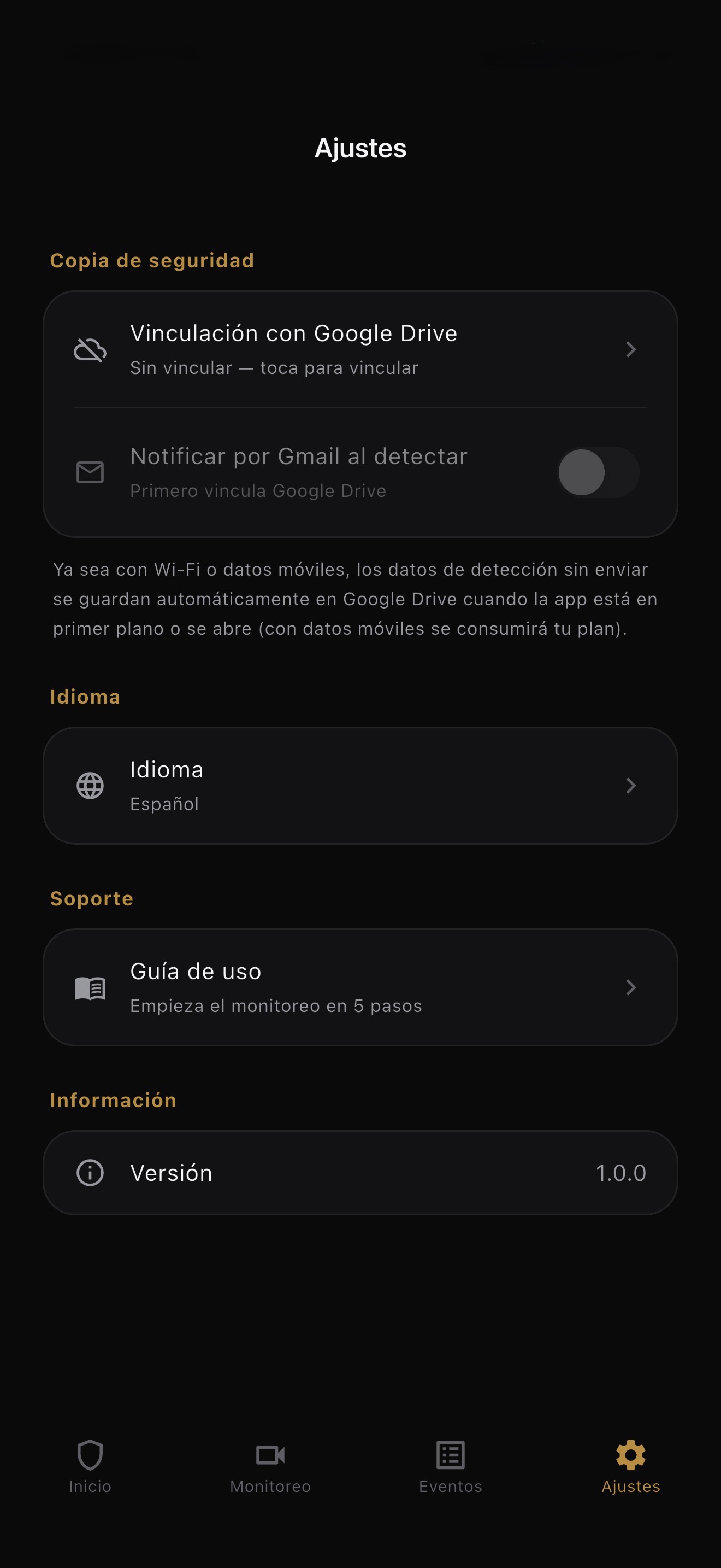 Pantalla de ajustes de BlackShisa - Parking Dashcam