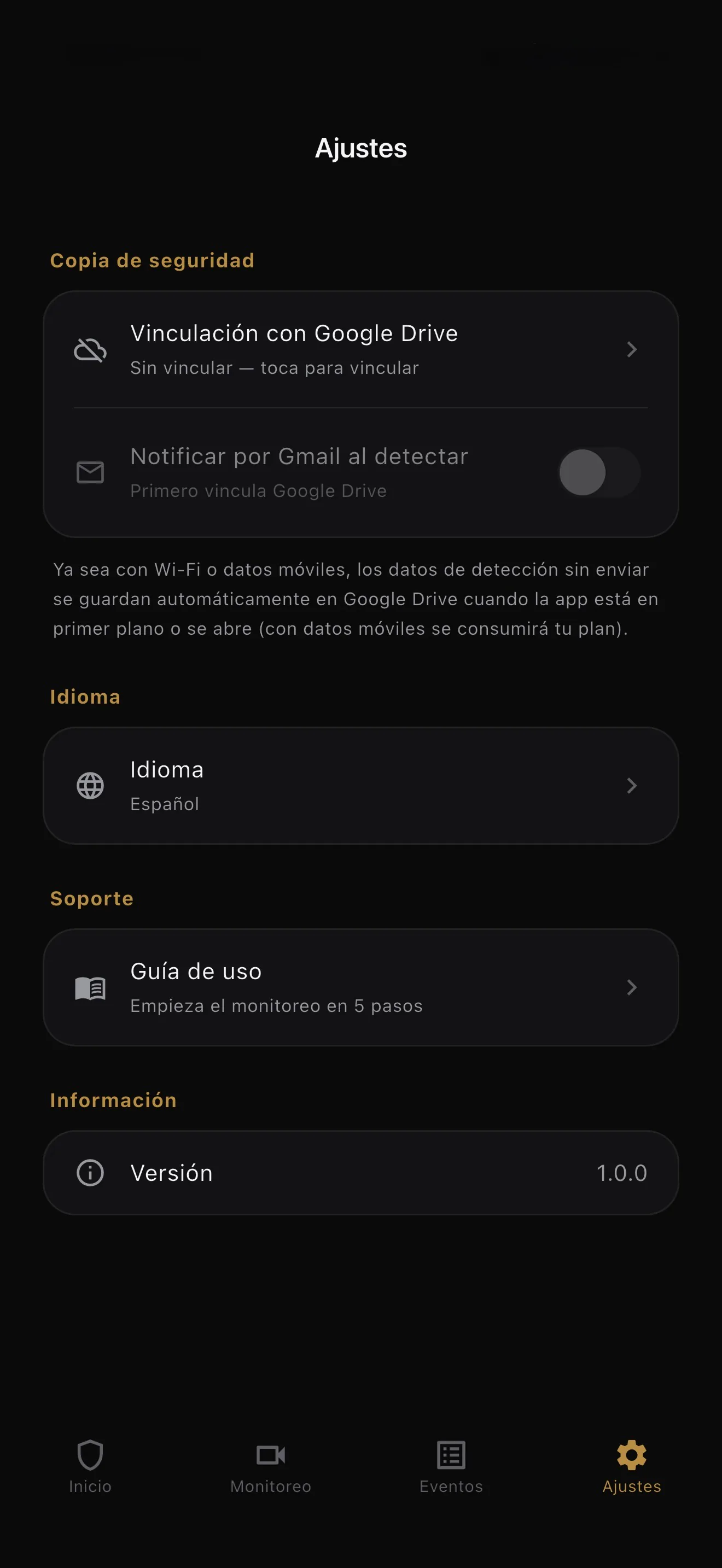 Pantalla de ajustes de BlackShisa - Parking Dashcam App