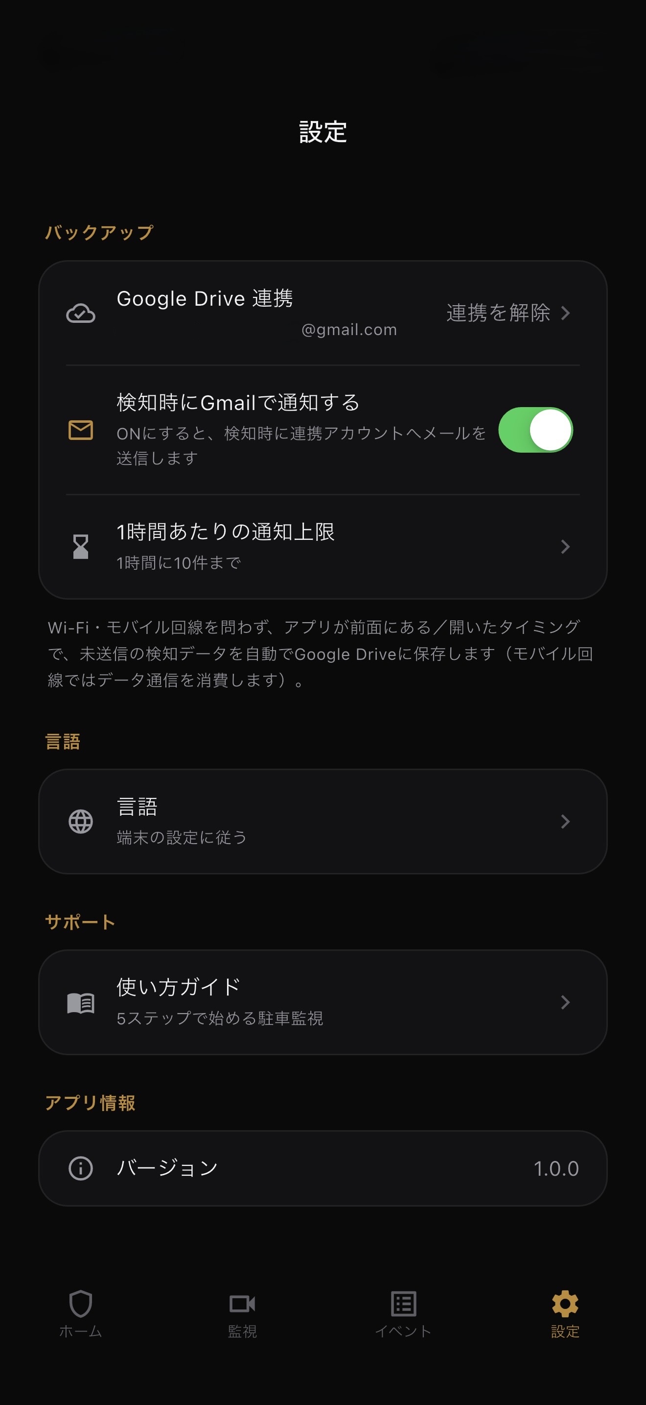 BlackShisa - Parking Dashcamの設定画面