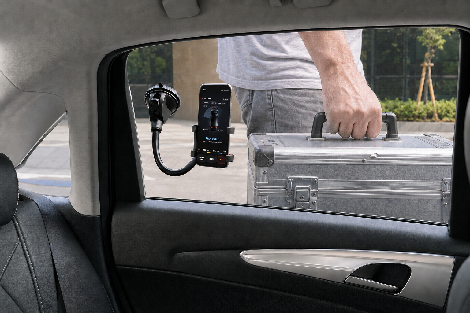A phone running BlackShisa - Parking Dashcam mounted inside a parked car near a person outside the window