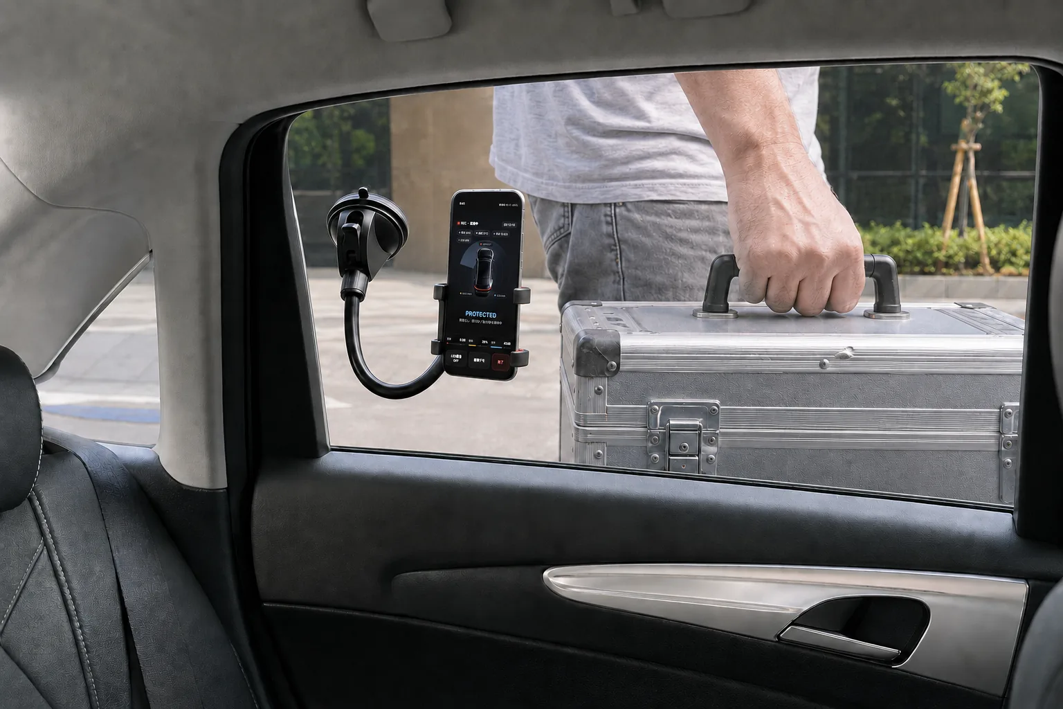 A phone running BlackShisa - Parking Dashcam App mounted inside a parked car near a person outside the window