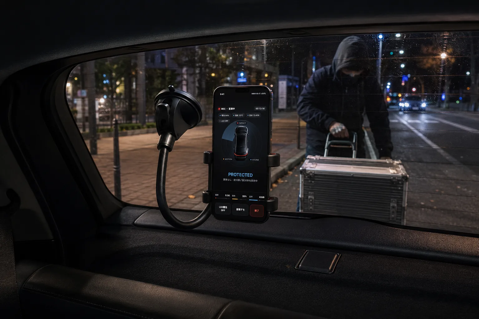 A phone running BlackShisa - Parking Dashcam App watching a dark street through a car window